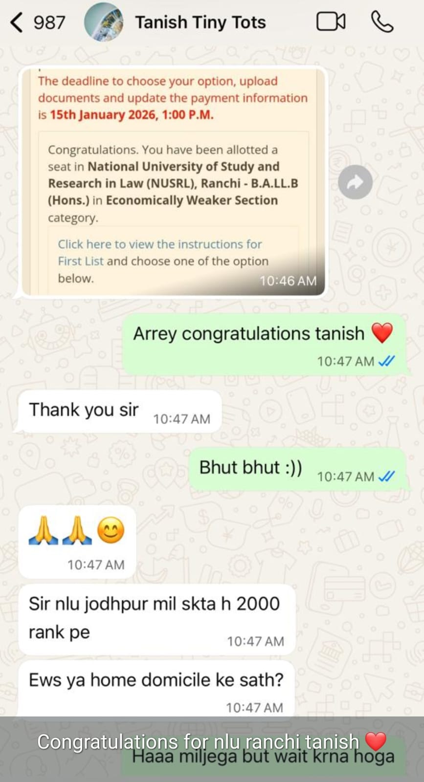 Student WhatsApp message after CLAT result