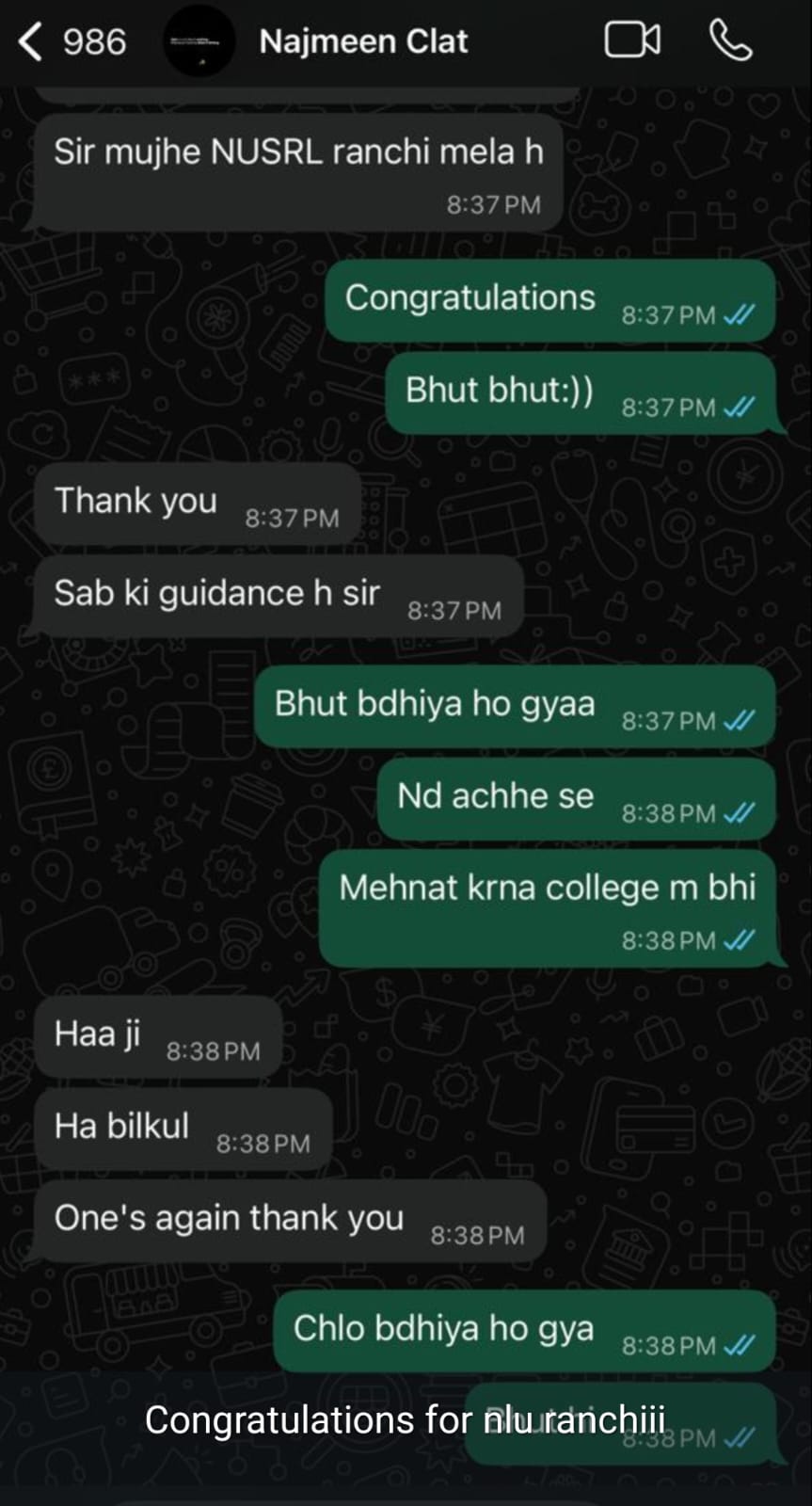 Student WhatsApp message after CLAT result
