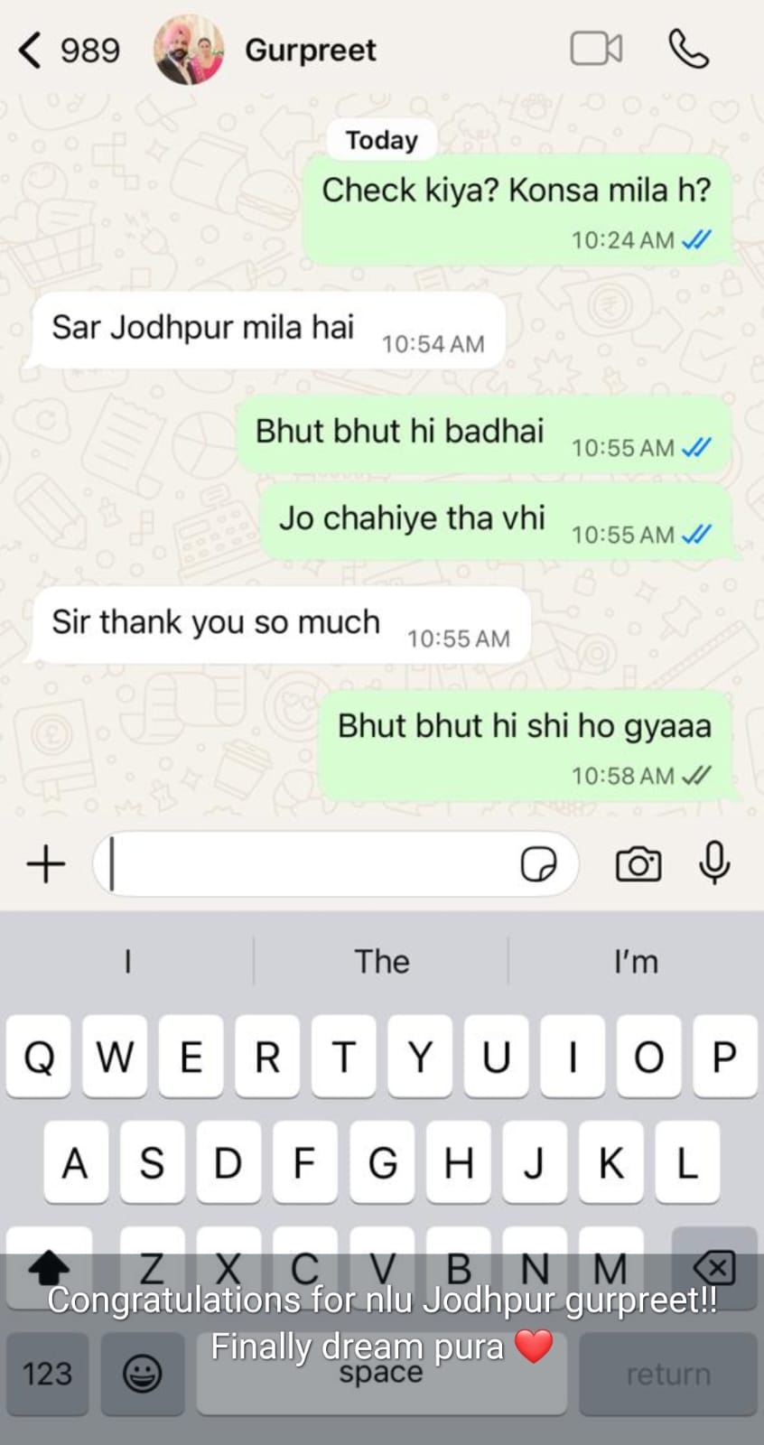 Student WhatsApp message after CLAT result