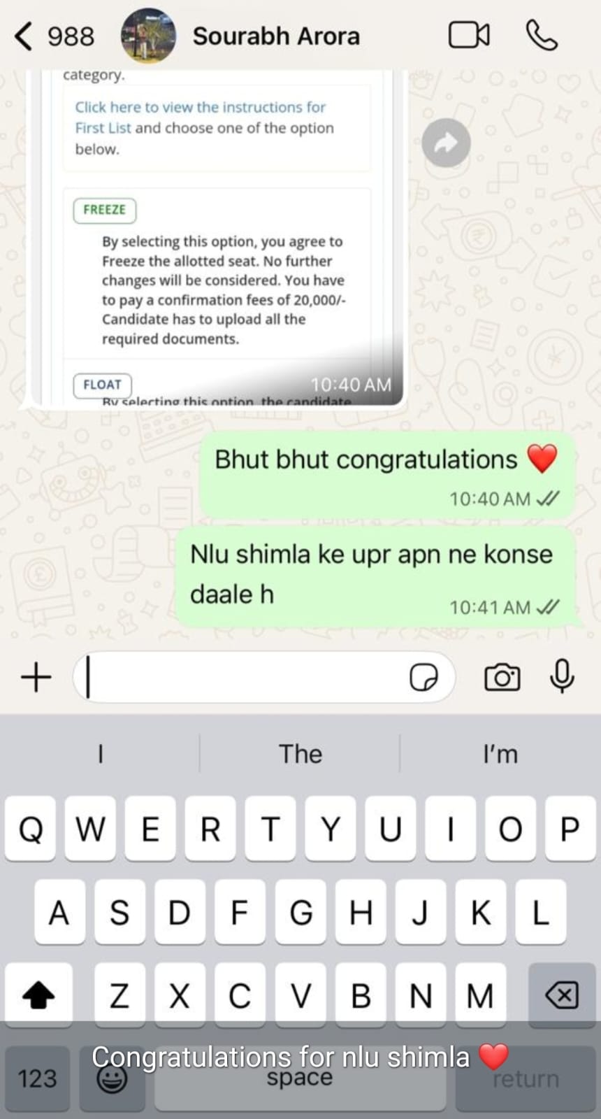 Student WhatsApp message after CLAT result