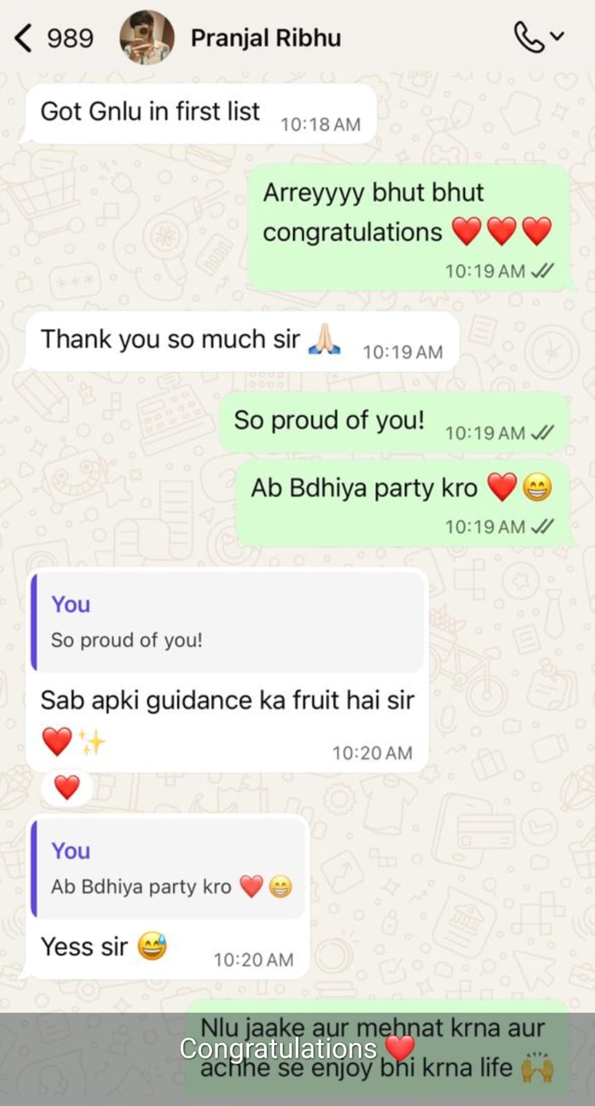 Student WhatsApp message after CLAT result